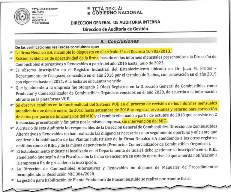 Detalle de las conclusiones de la auditoría realizada por el MIC y en la que se menciona el incumplimiento de las fábricas a cargo de Morínigo Gamell.