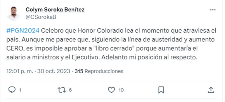 Tweet Colym Soroka sobre celebración de decisión de Honor Colorado y de que acompañar aprobación del PGN 2024 a libro cerrado sería dar aumentos a ministros y titulares del Poder Ejecutivo.