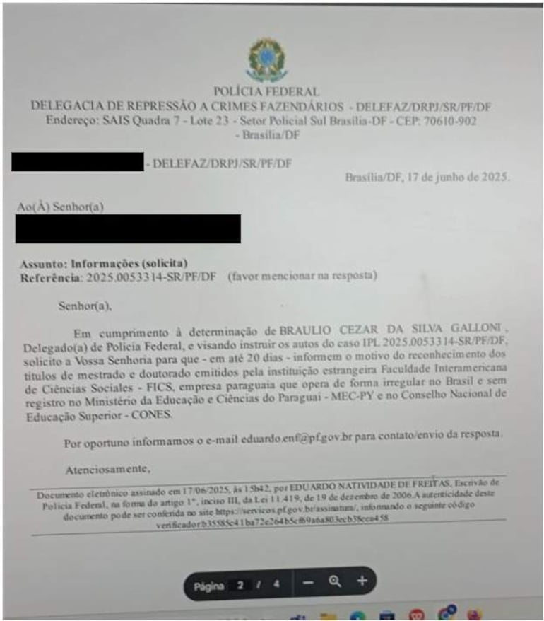 Nota de la Policía Federal del Brasil, donde pide informes sobre la validez de títulos de posgrado del Isics, pese a no estar registrado en Paraguay.