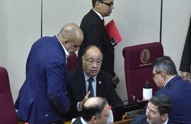 El titular del Senado Basilio Núñez (ANR, HC) dialoga con Juan Afara (ANR, Independiente) y Gustavo Leite (ANR, HC). A unos metros dialogan Mario Varela y Carlos Núñez, también cartistas.
