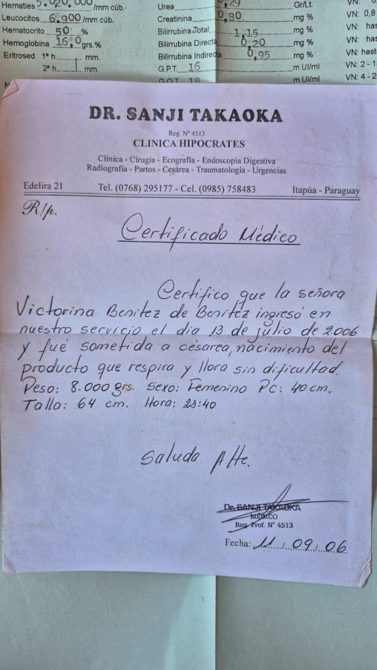 Certificado médico con información sobre el nacimiento de Brígida Benítez, sin personas visibles.