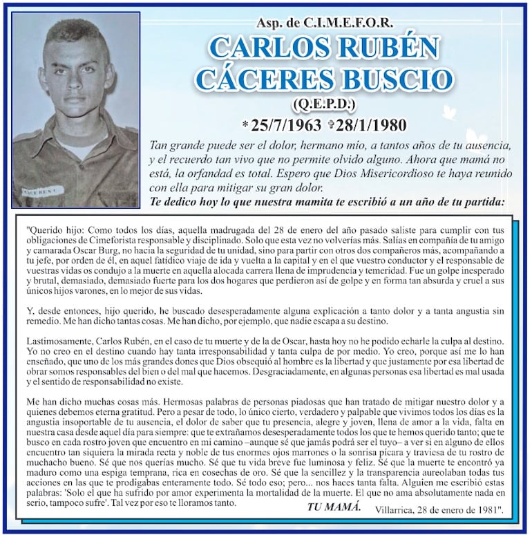 La carta hecha por la madre de un joven fallecido, Carlos Rubén Cáceres Buscio.