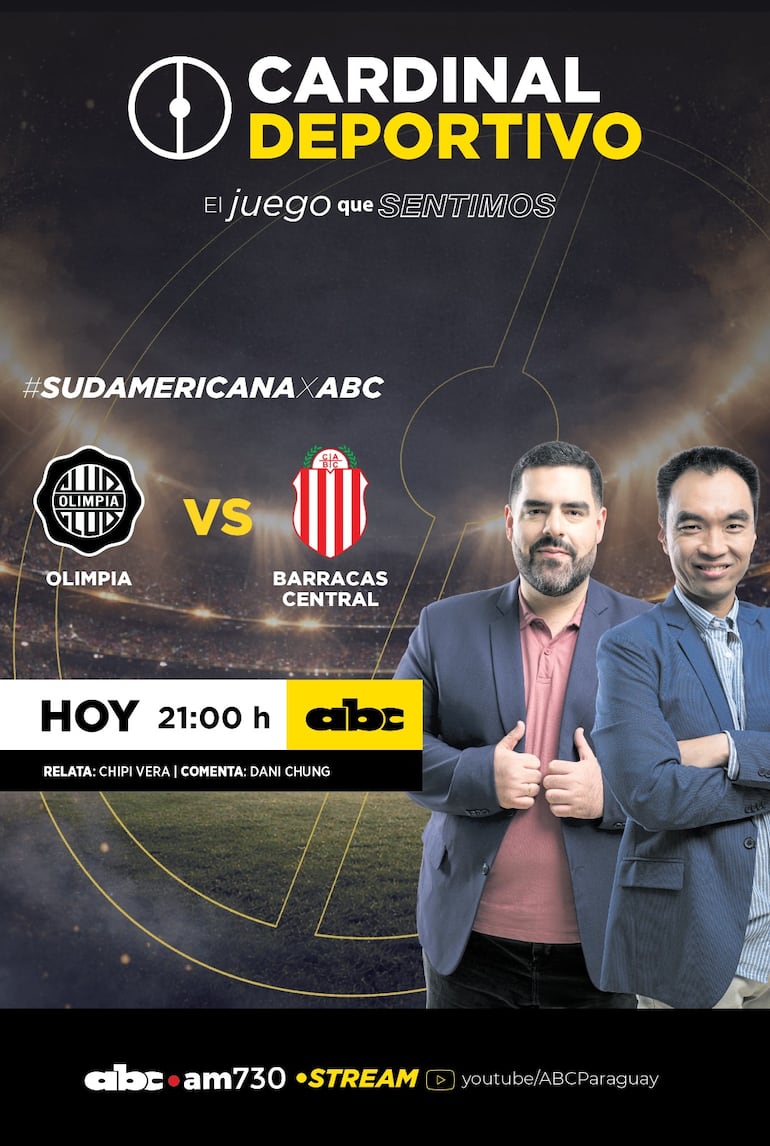Olimpia vs. Barracas Central por ABC Cardinal 730 AM y ABC Paraguay en Youtube.