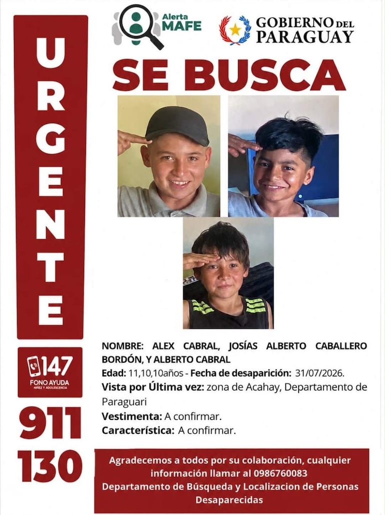 Se solicita información sobre Alex Cabral, Josías Alberto Caballero Bordón y Alberto Cabral, desaparecidos desde el 31 de julio en Acahay.