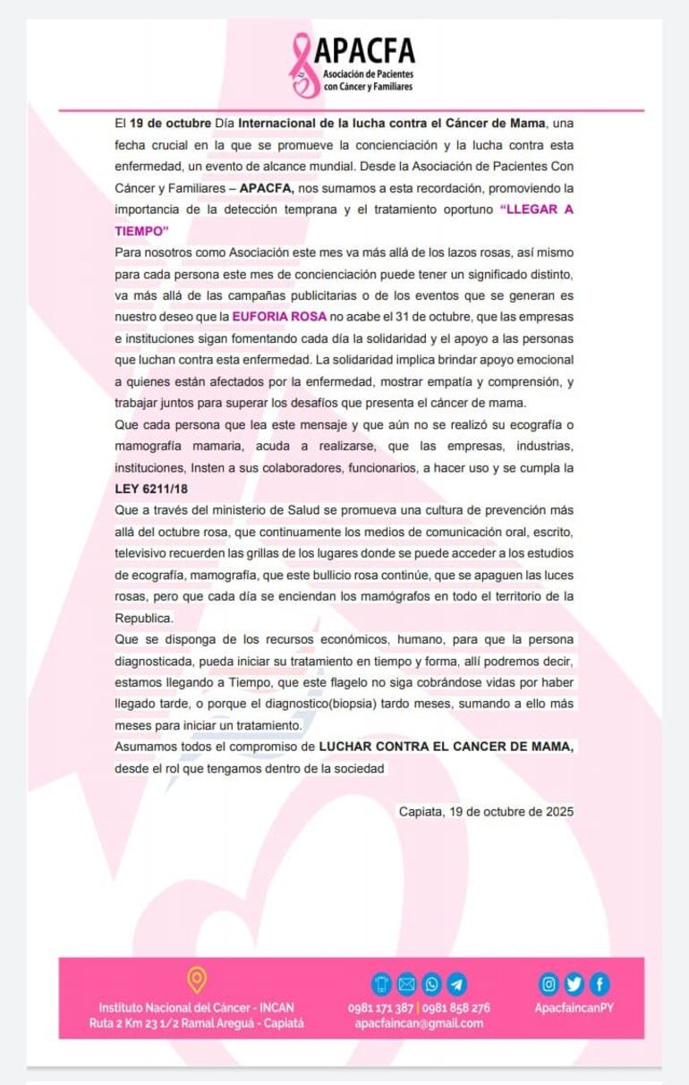 Comunicado de la Apacfa por en el Día Internacional contra el Cáncer de Mama.