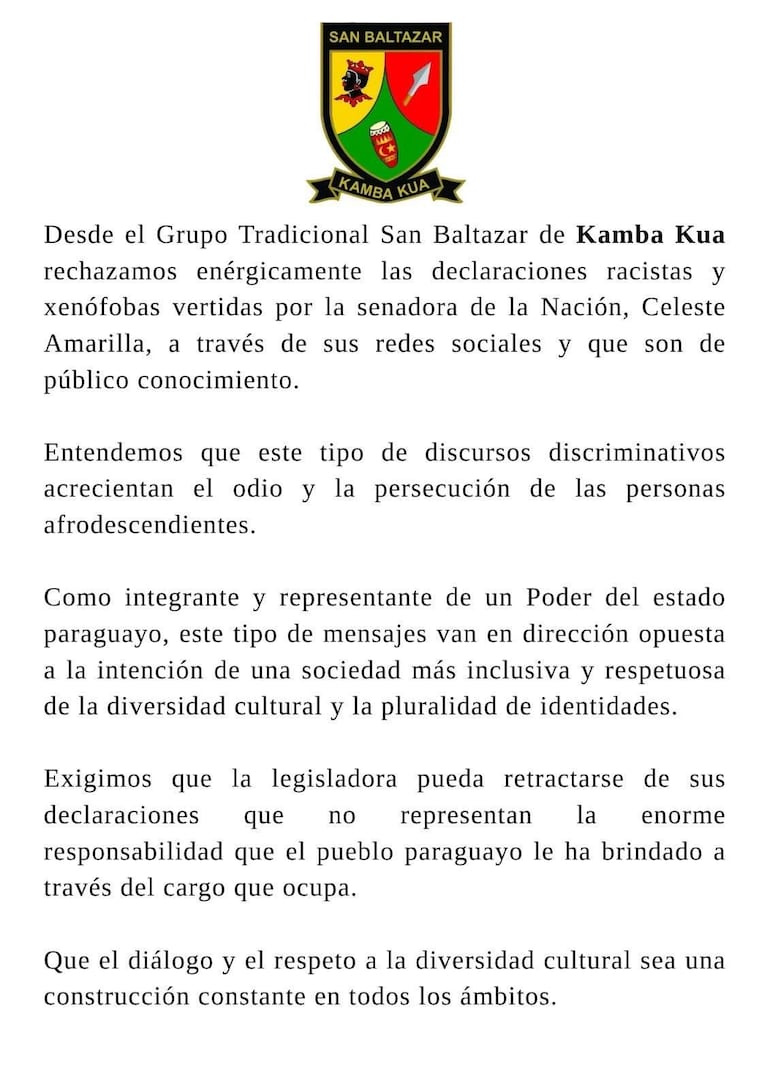 Comunicado digital del Grupo Tradicional San Baltazar de Kamba Kua con texto sobre el rechazo a declaraciones discriminatorias.