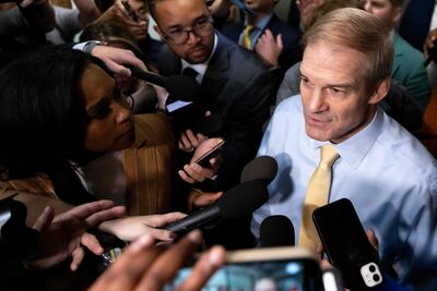 TOPSHOT - US Representative Jim Jordan, R-OH, departs a Republicans caucus meeting at the Longworth House Office Building on Capitol Hill in Washington, DC, on October 13, 2023. Steve Scalise, the Republican nominee to lead the US House of Representatives, dropped out October 12, 2023 after failing to find enough support to win a vote of the full chamber, plunging the paralyzed lower chamber of Congress deeper into crisis. (Photo by Julia Nikhinson / AFP)