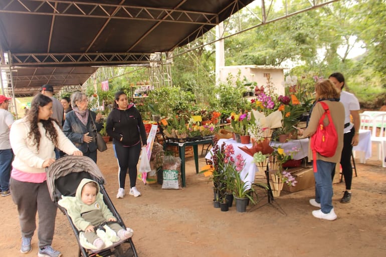 Las familias aprovechan la jornada para recorrer los stands y conocer la variedad de flores, plantas y artesanías que ofrece la Expoferia Yvoty Rape.