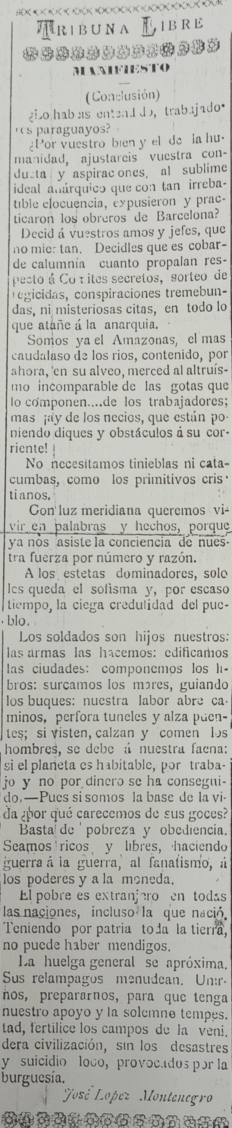 Última parte de su Manifiesto publicado en "La Voz del Siglo", Asunción, enero de 1903.