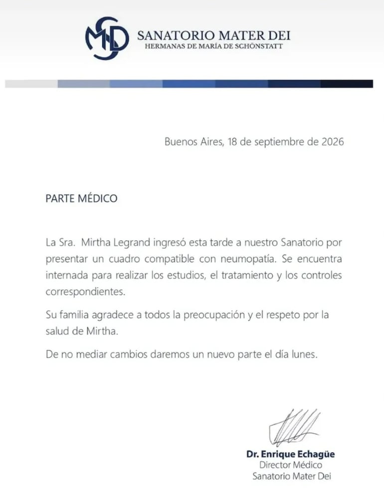 El parte médico de la salud de Mirtha Legrand. (Captura de la historia de Instagram de Mirtha Legrand)