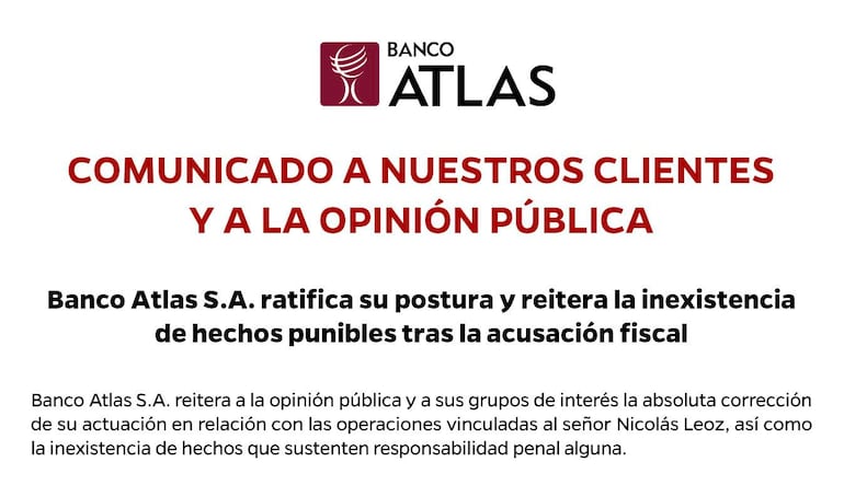 Banco Atlas S.A. ratifica su postura y reitera la inexistencia de hechos punibles tras la acusación fiscal