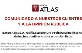 Comunicado del Banco Atlas S.A. con texto institucional sobre acusaciones fiscales, sin imágenes de personas.