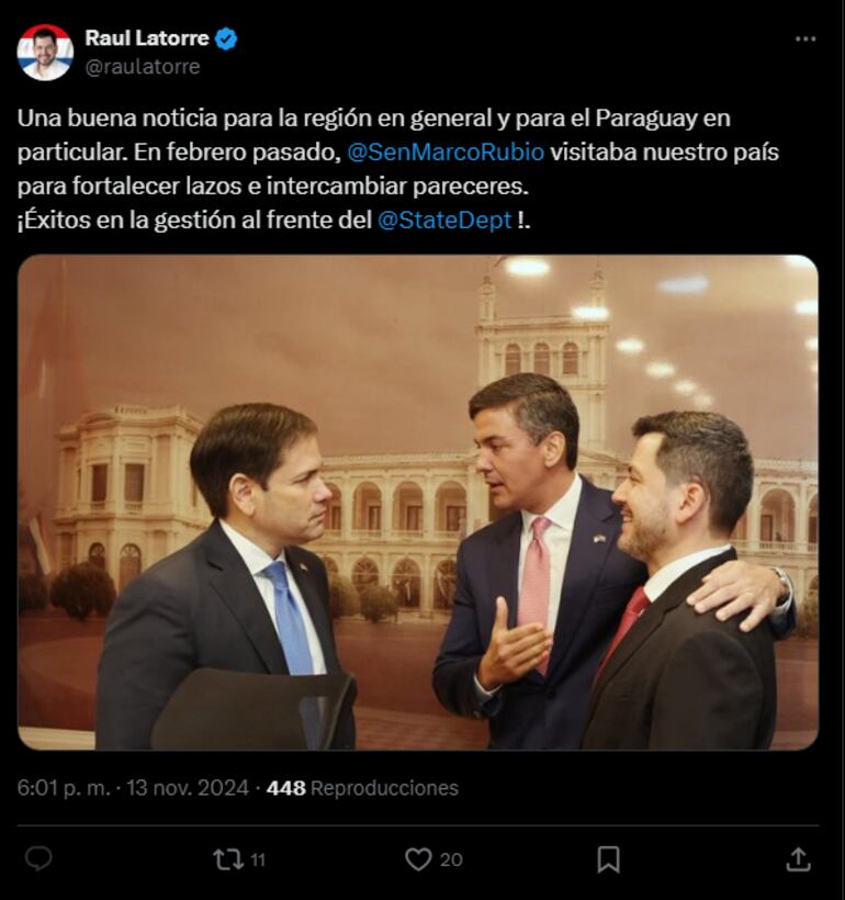 Tweet Raúl Latorre felicitando a Marco Rubio por el anuncio de que sería el nuevo Secretario de Estado del gobierno de Donald Trump en Estados Unidos, pese a que votó en contra de la carne paraguaya.