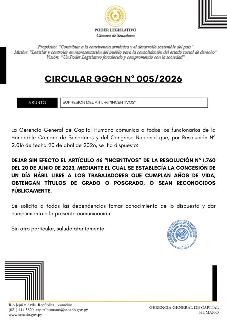 Circular de la Cámara de Senadores.