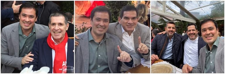 Horacio Cartes y Pedro Alliana sonríen en un collage de fotos, vestimenta informal y ambiente festivo en el interior.