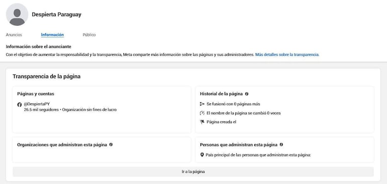 Captura de pantalla de información sobre la página Despierta Paraguay, que ya está desactivada.