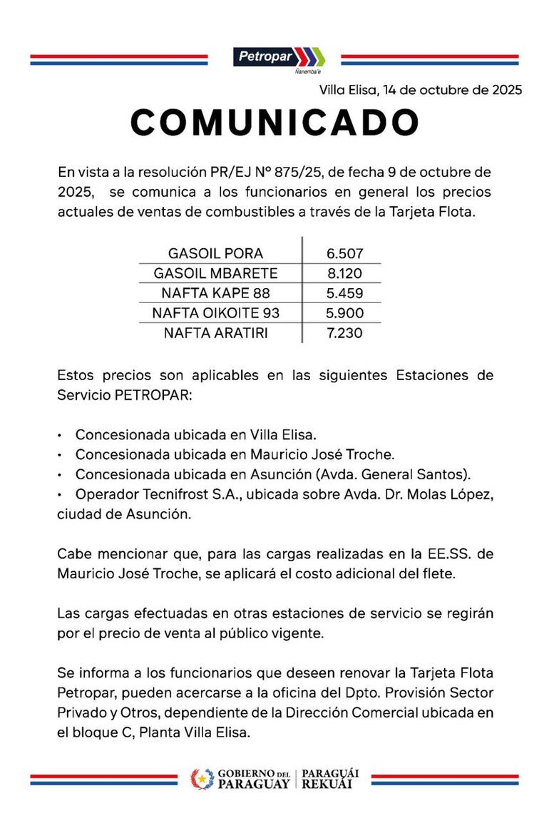 Petropar anuncia descuentos en combustibles, pero solo para funcionarios