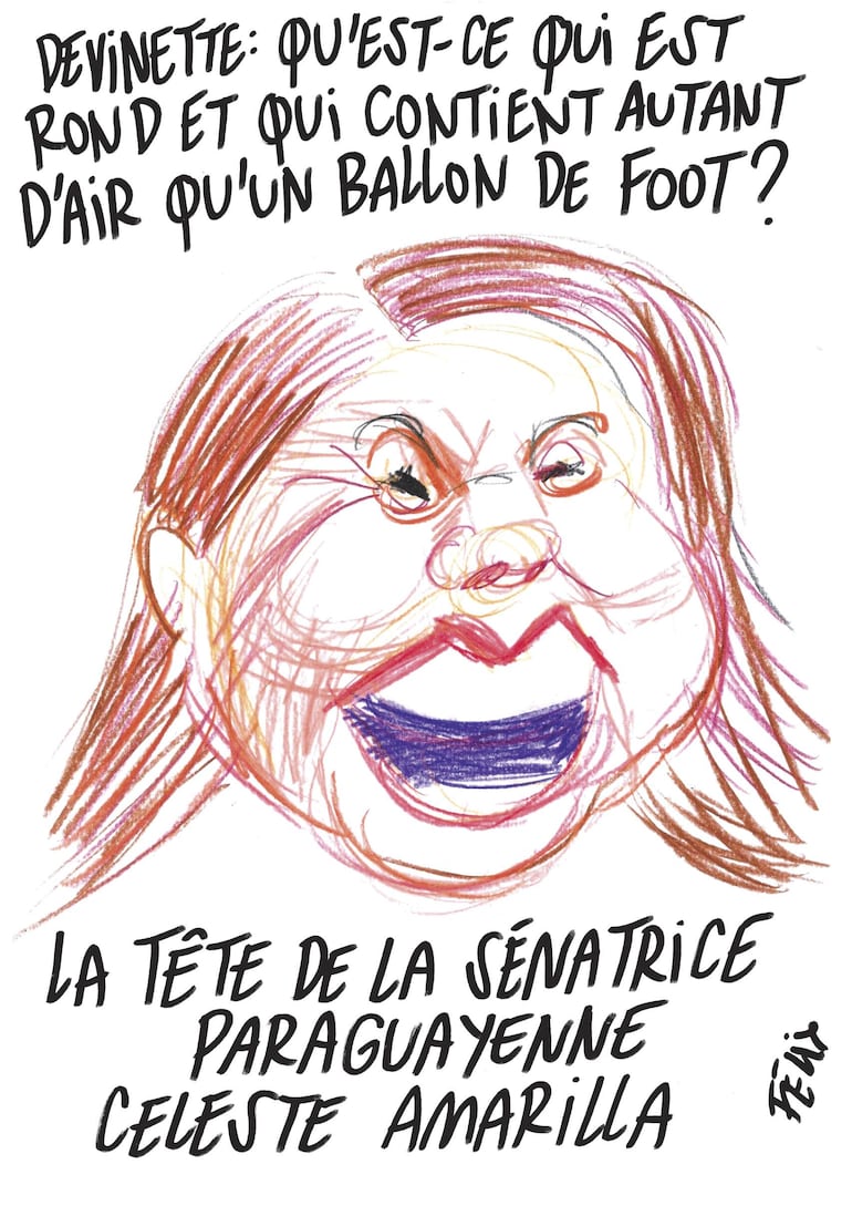 Caricatura de Celeste Amarilla con rasgos exagerados y texto en francés criticando su intelecto.