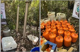 Tanques metálicos y garrafas de gas apiladas en un área boscosa sin personas visibles.