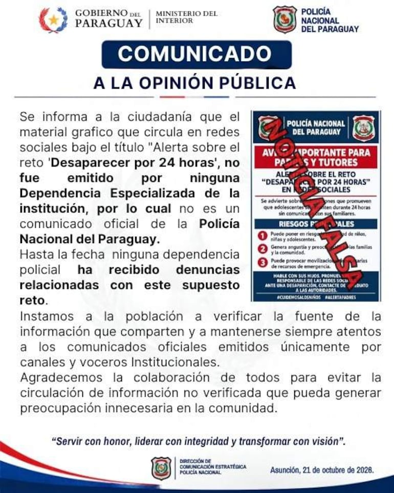 Comunicado oficial de la Policía Nacional del Paraguay, alertando sobre información falsa en redes sociales relacionado a un reto.