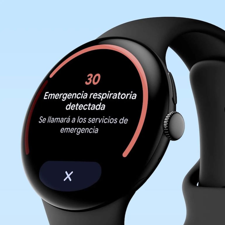 Reloj inteligente con pantalla que muestra alerta de emergencia respiratoria con fondo azul.