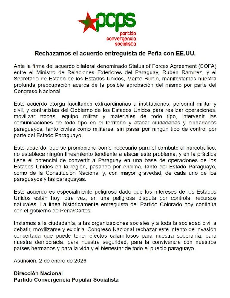 Comunicado del PCPS sobre el acuerdo SOFA con Estados.