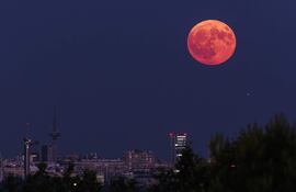 Vista de la superluna del Esturión, o Luna llena de agosto, vista desde la zona de Pozuelo de Alarcón sobre los edificios de Madrid.