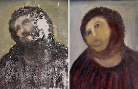 A la izquierda, la imagen original de UN ‘Ecce Homo’ en una iglesia de Borja. A la derecha, la misma imagen "restaurada" por Cecilia Giménez.