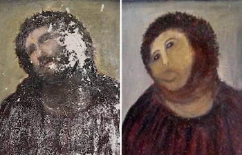 A la izquierda, la imagen original de UN ‘Ecce Homo’ en una iglesia de Borja. A la derecha, la misma imagen "restaurada" por Cecilia Giménez.