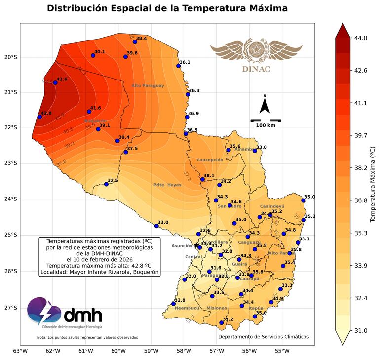 Las temperaturas máximas registradas ayer, martes 10 de febrero.