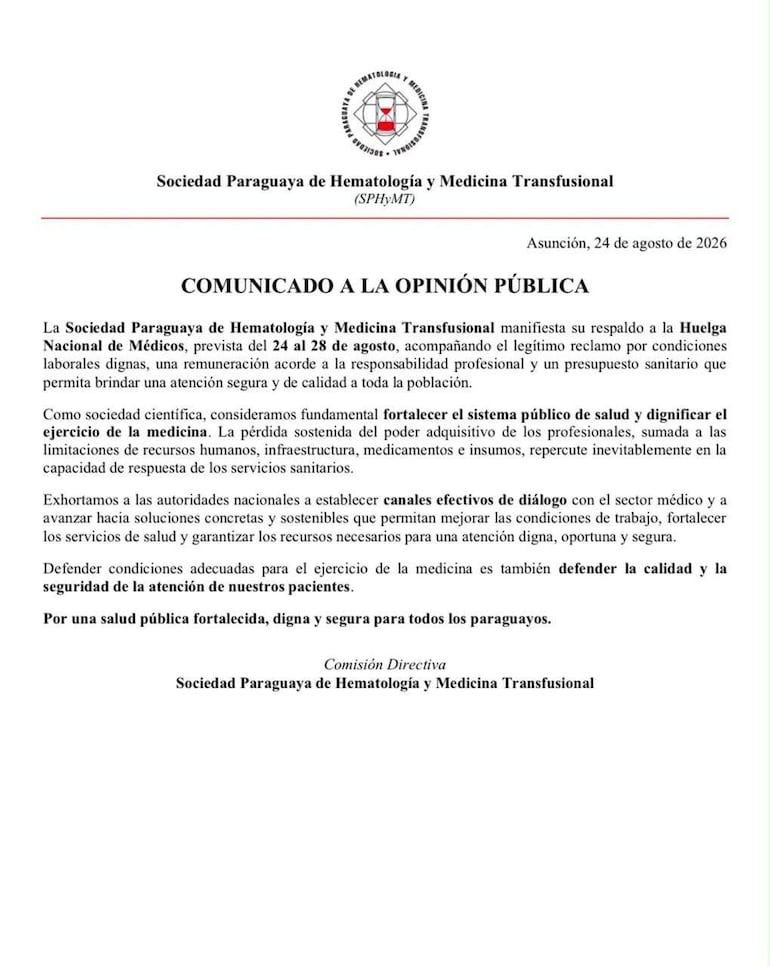 Comunicado oficial de la Sociedad Paraguaya de Hematología destacando su apoyo a la huelga de médicos.
