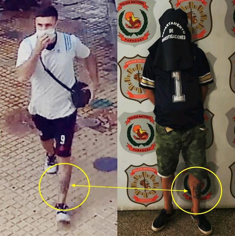 En la imagen de la izquierda se ve a Alejandro David Rodríguez con la cartera que acaba de robarle a una mujer. A la derecha, ya detenido. El distintivo tatuaje sirvió para identificarlo.