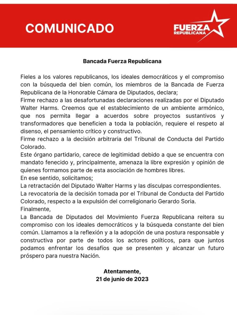 Comunicado de la futura bancada de Fuerza Republicana en la Cámara de Diputados.