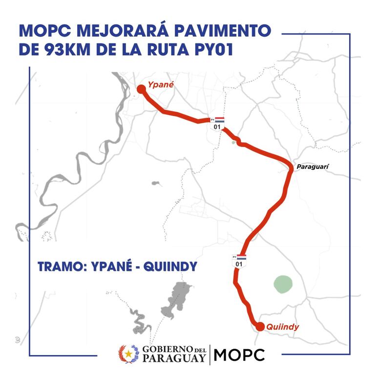 El tramo que será mejorado de la ruta PY01.