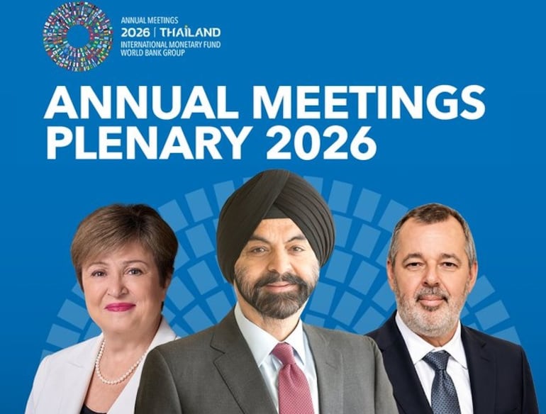 La directora gerente del FMI, Kristalina Georgieva, el presidente del Banco Mundial, Ajay Bang y Carlos Carvallo, presidente del Banco Central del Paraguay (BCP). (Gentileza BCP).