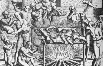 Grabado de De Bry que muestra una escena de canibalismo de los Tupinambá, siguiendo la descripción de Hans Staden.