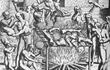 Grabado de De Bry que muestra una escena de canibalismo de los Tupinambá, siguiendo la descripción de Hans Staden.