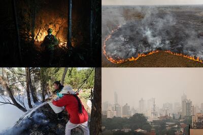 Combo de fotografías de archivo que muestra un bombero trabajando en apagar un incendio en Bolivia (i-arriba), fotografía con un dron de un incendio en una zona de la Amazonía, Brasil (arriba-d), residentes ayudan a mitigar el fuego en Quito, Ecuador (i-abajo) y la contaminación en la ciudad por los incendios en Asunción, Paraguay.