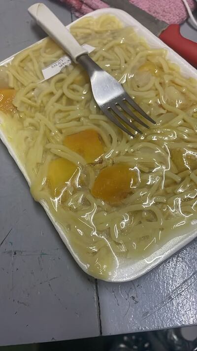 La publicación del doctor Carlos Morínigo, acompañada de una fotografía donde se observa un plato entregado en el Ineram, compuesto únicamente por fideos y pequeños cortes de una verdura, aparentemente zanahoria.