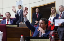 El senador Natalicio Chase, líder de la bancada cartista (fondo) y el senador Juan Carlos Galaverna (ANR, HC) se opusieron como otros senadores a sancionar el proyecto de ley.