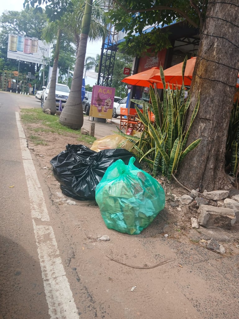 Frente a cada vivienda se observan las bolsas de basura.