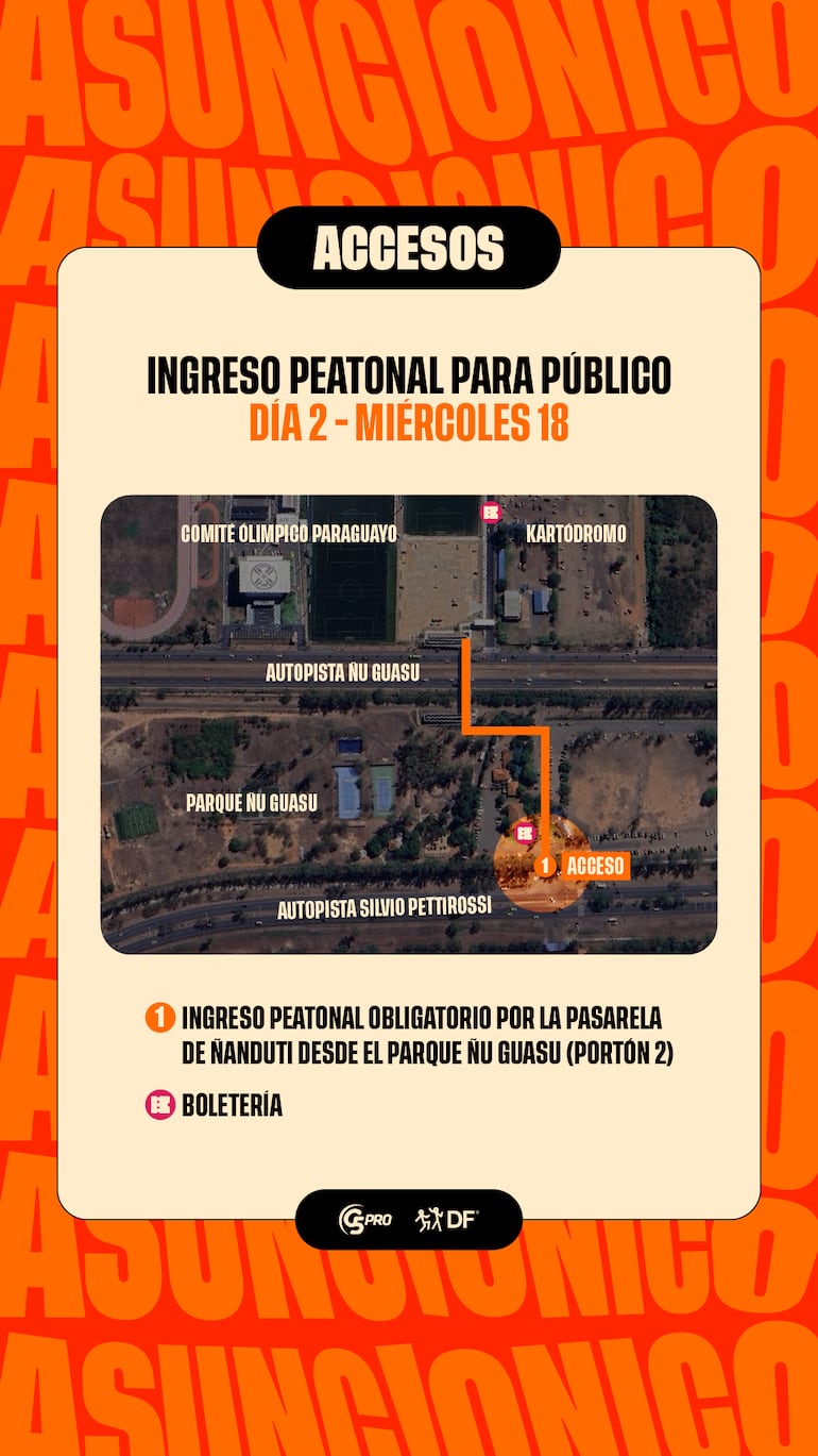 Mapa que detalla cómo será el ingreso peatonal para el Día 2 del festival Asunciónico.