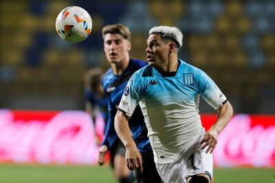 Racing's forward Maximiliano Salas eyes the ball during the Copa Sudamericana round of 16 first leg football match between Chile's Huachipato and Argentina's Racing at the Sausalito stadium in Viña del Mar, Chile, on August 13, 2024. (Photo by Javier TORRES / AFP)