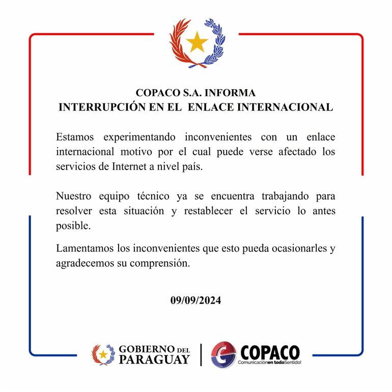 Comunicado público de la Copaco.