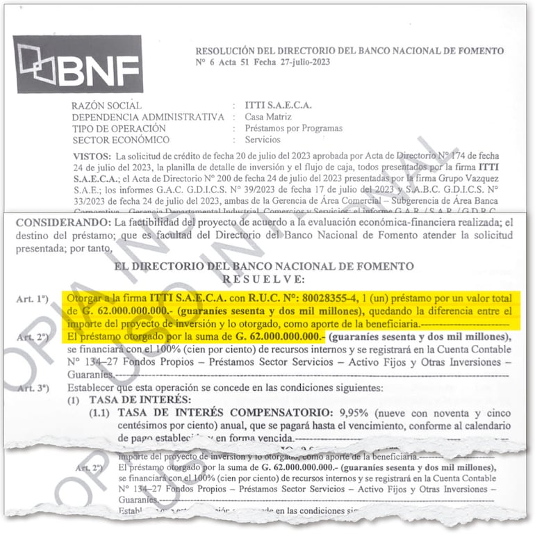Resolución del 27 de julio de 2013 por la cual se aprobó el crédito por G. 62.000 millones para Itti.