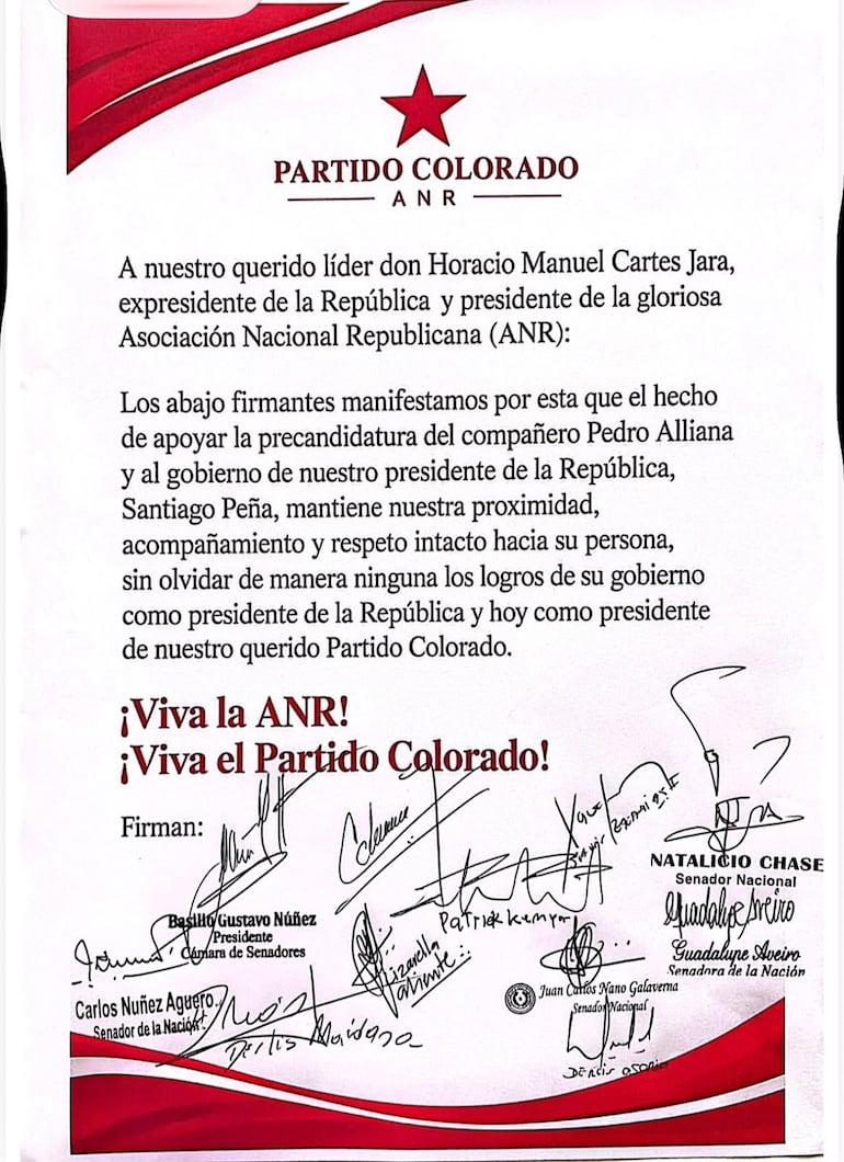 Comunicado de la bancada oficialista en que buscan estar bien con Horacio Cartes y con Santiago Peña y Pedro Alliana al mismo tiempo.
