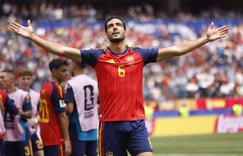 El español Mikel Merino celebra tras anotar el gol del 2-1 durante el partido de cuartos de final de la Copa Mundial de la FIFA 2026 entre España y Bélgica, en Los Ángeles, EE. UU..