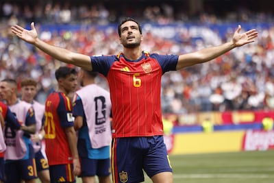 El español Mikel Merino celebra tras anotar el gol del 2-1 durante el partido de cuartos de final de la Copa Mundial de la FIFA 2026 entre España y Bélgica, en Los Ángeles, EE. UU..
