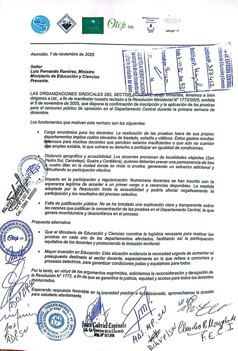 Nota de sindicatos docentes que rechazan única sede para concurso del MEC.