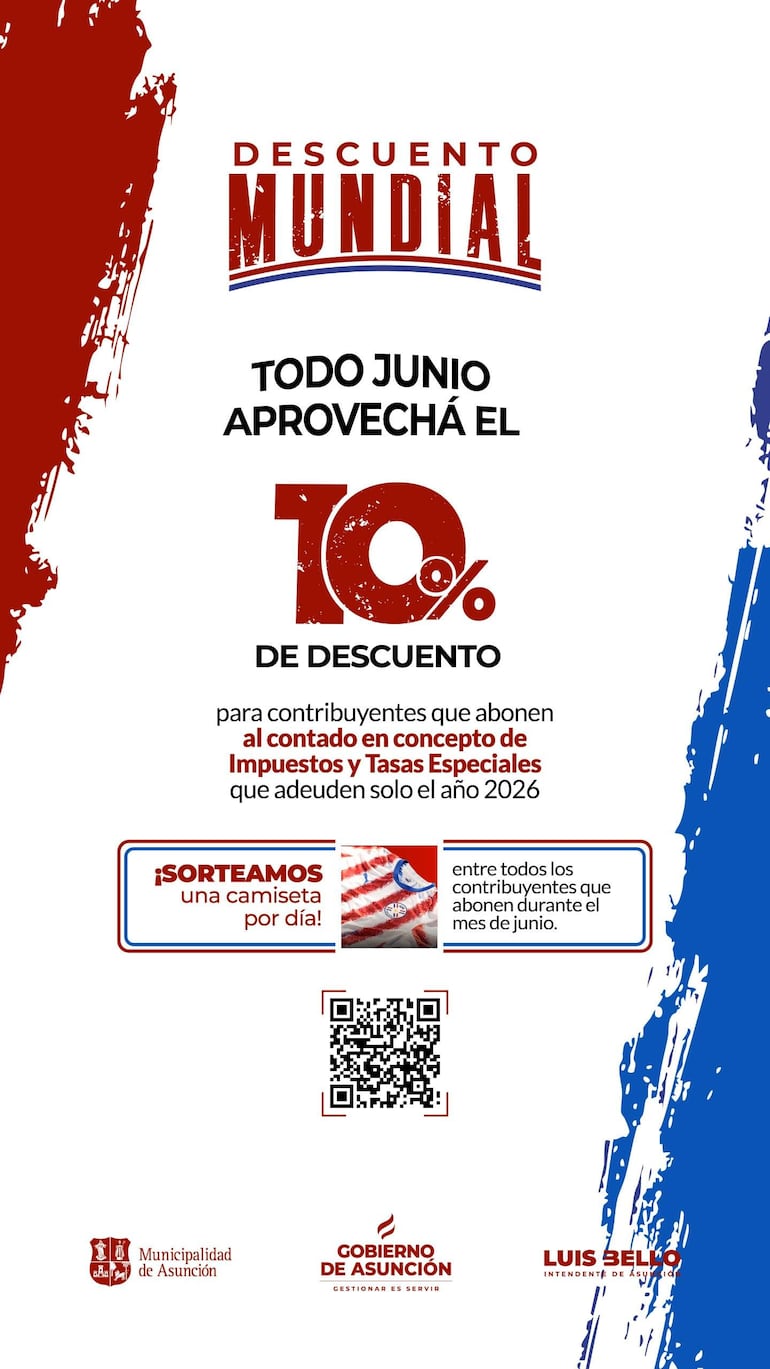 Póster en fondo blanco con texto en rojo y azul, anuncia un descuento y sorteo de camisetas.